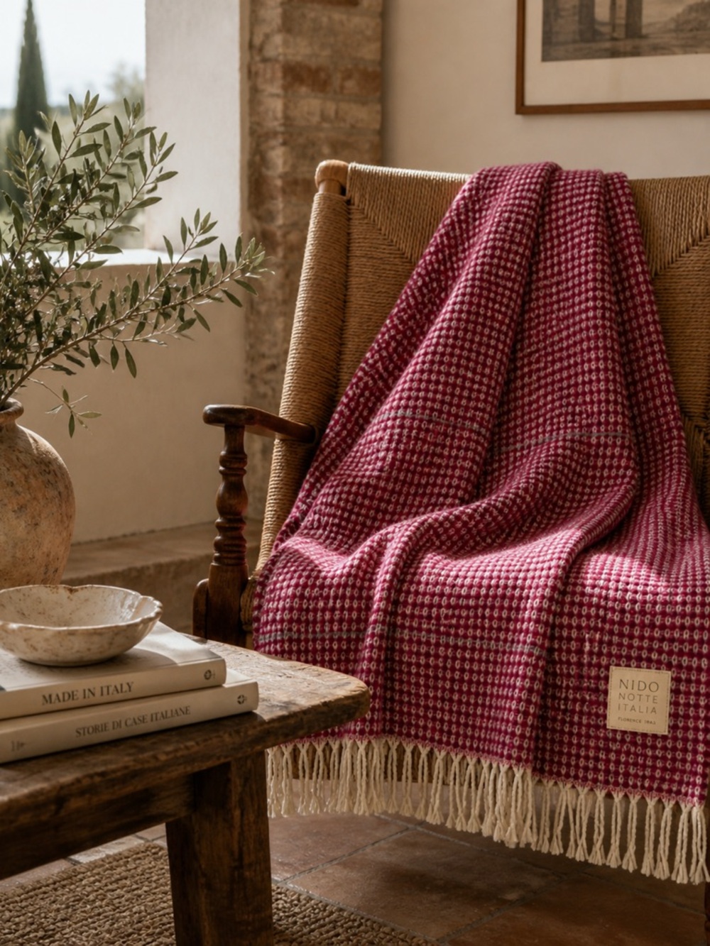 Nido Notte Italia Waffle Weave Throw Blanket Fringe Red Cream Made in Italy
